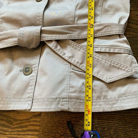 WHBM grey short trench belted jacket crystal buttons size 12 NEW - Picture 12 of 16